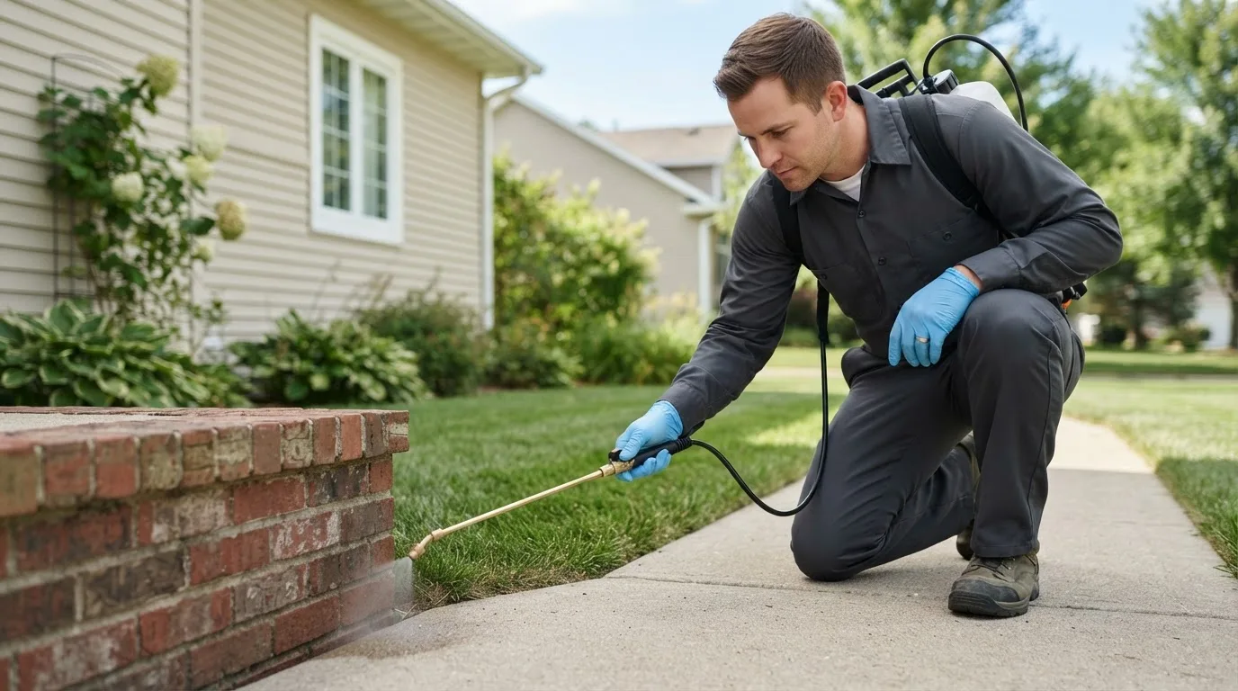 Pest control technician treating a home near Sublime, TX