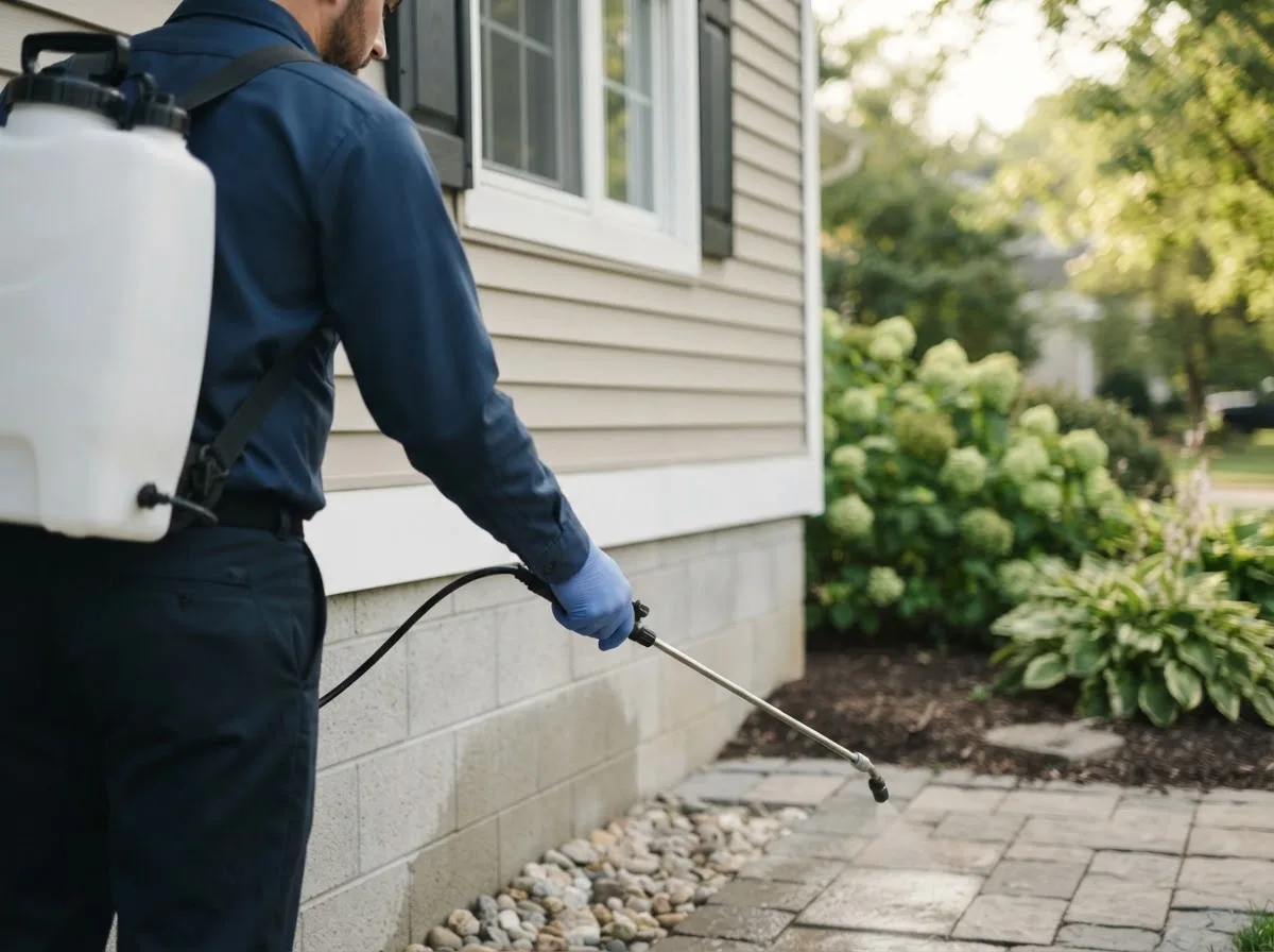 Pest control technician inspecting a home in Sublime, TX